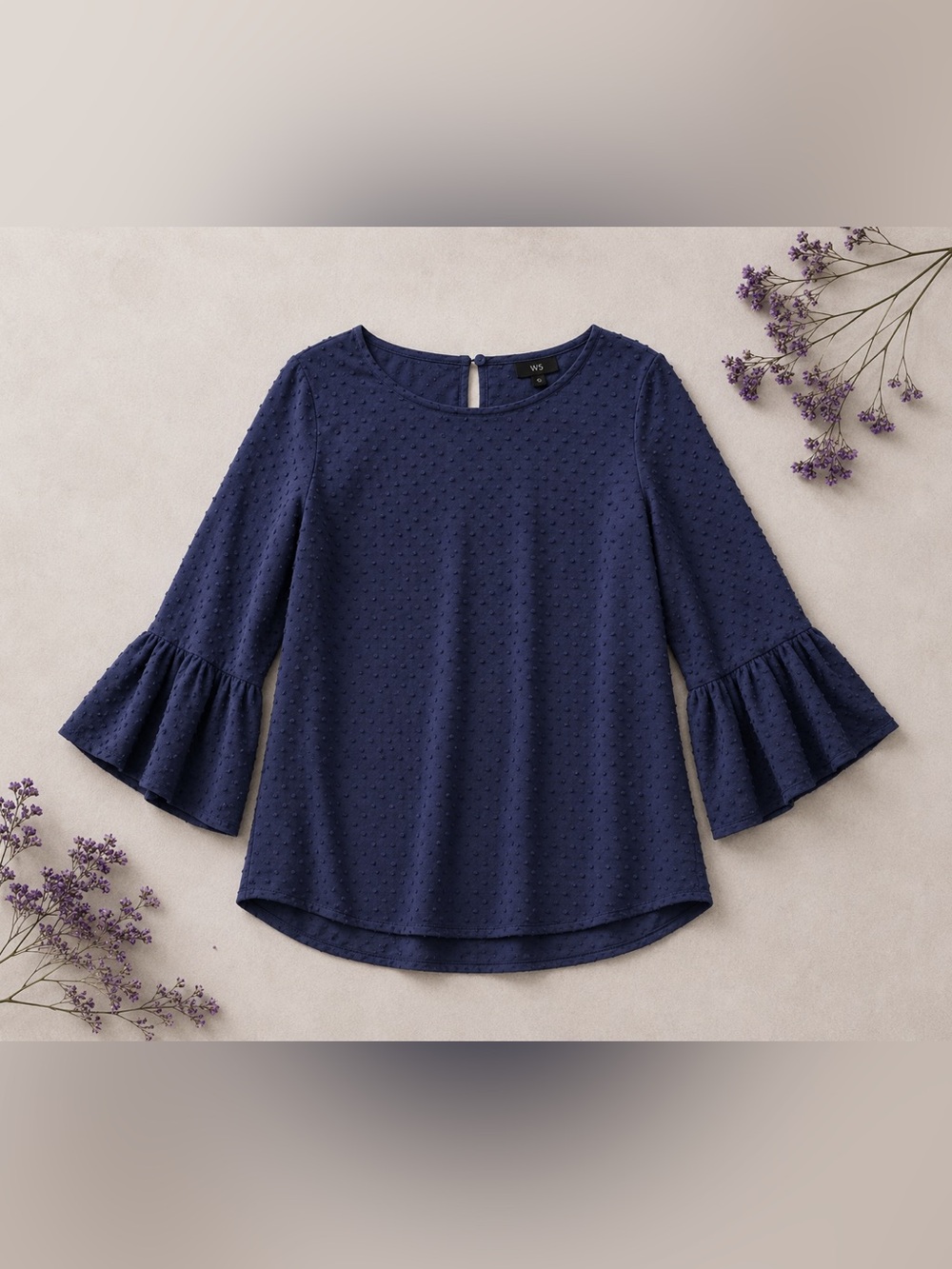 W5 Navy Swiss Dot Blouse | Ruffle Bell Sleeve | Textured Dressy Casual Top M